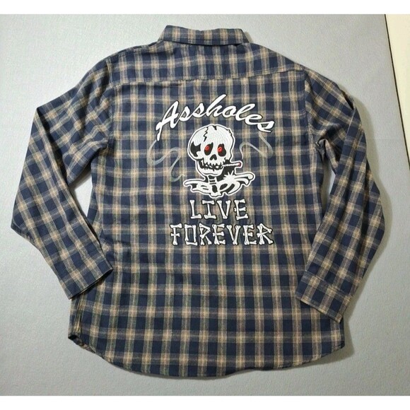 A*sholes Live Forever Flannel Shirt Men XXL Blue Plaid Smoking Skull Embrodiey - Picture 6 of 8